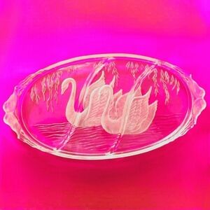 Vintage Swan Etched Crystal 3 Section Tray